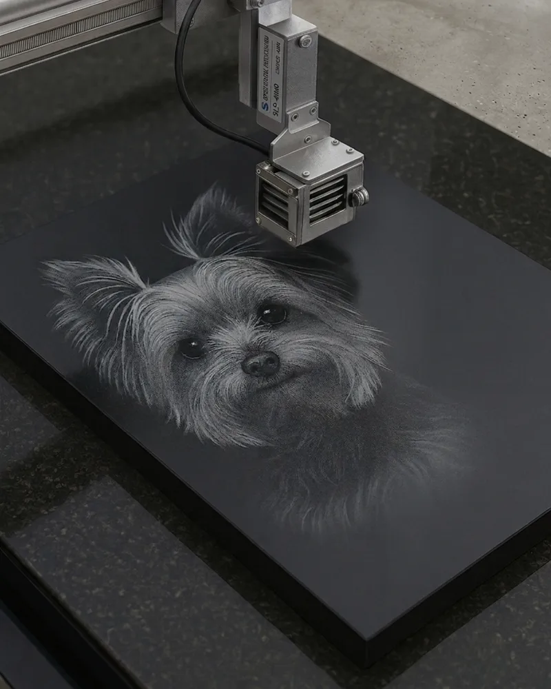 Lápide de pet em granito preto absoluto sendo gravada em baixo-relevo com a foto do cachorro